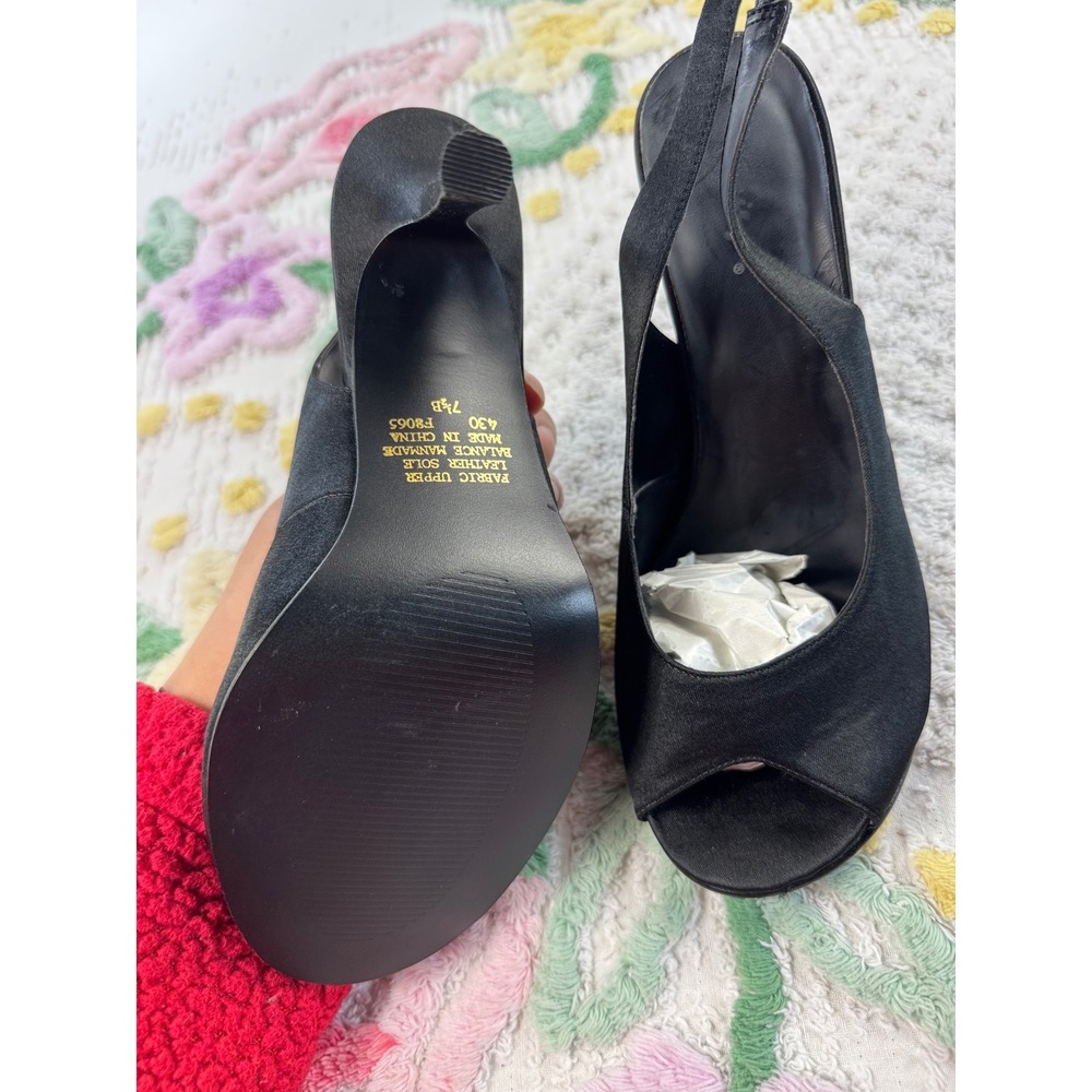 Spiegel Black Satin Peep Toe Slingback Stiletto Heels Leather Sole 7.5B F8065 - Picture 4 of 8